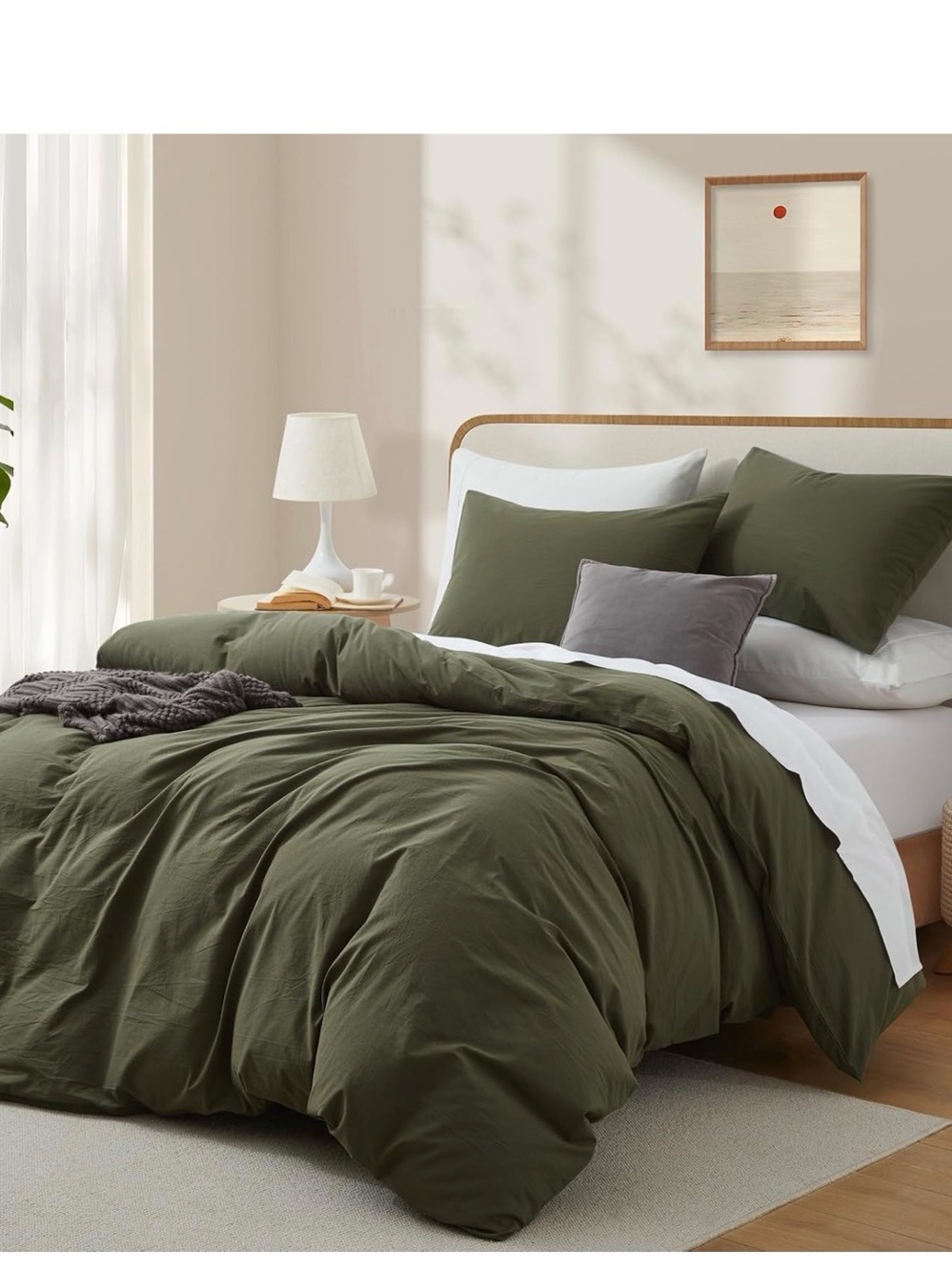 Olive Green Washed Cotton Duvet Cover Set - Queen - Picture 2 of 6